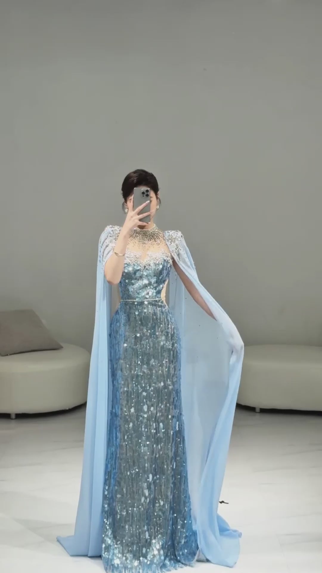 Luxury Dubai Blue Mermaid Evening Dress with Cape LA73419