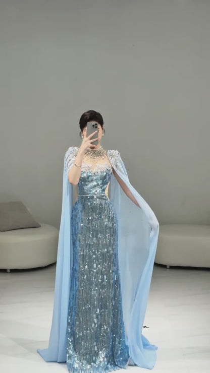 Luxury Dubai Blue Mermaid Evening Dress with Cape LA73419