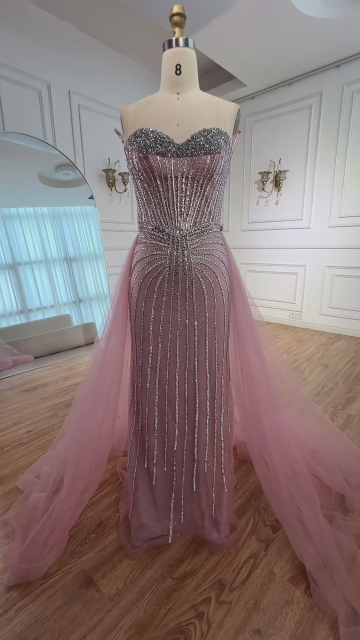 Pink Pearls Beaded Arabic Mermaid Evening Dress with Overskirt LA72811B