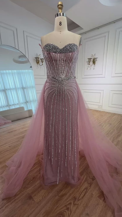 Pink Pearls Beaded Arabic Mermaid Evening Dress with Overskirt LA72811B