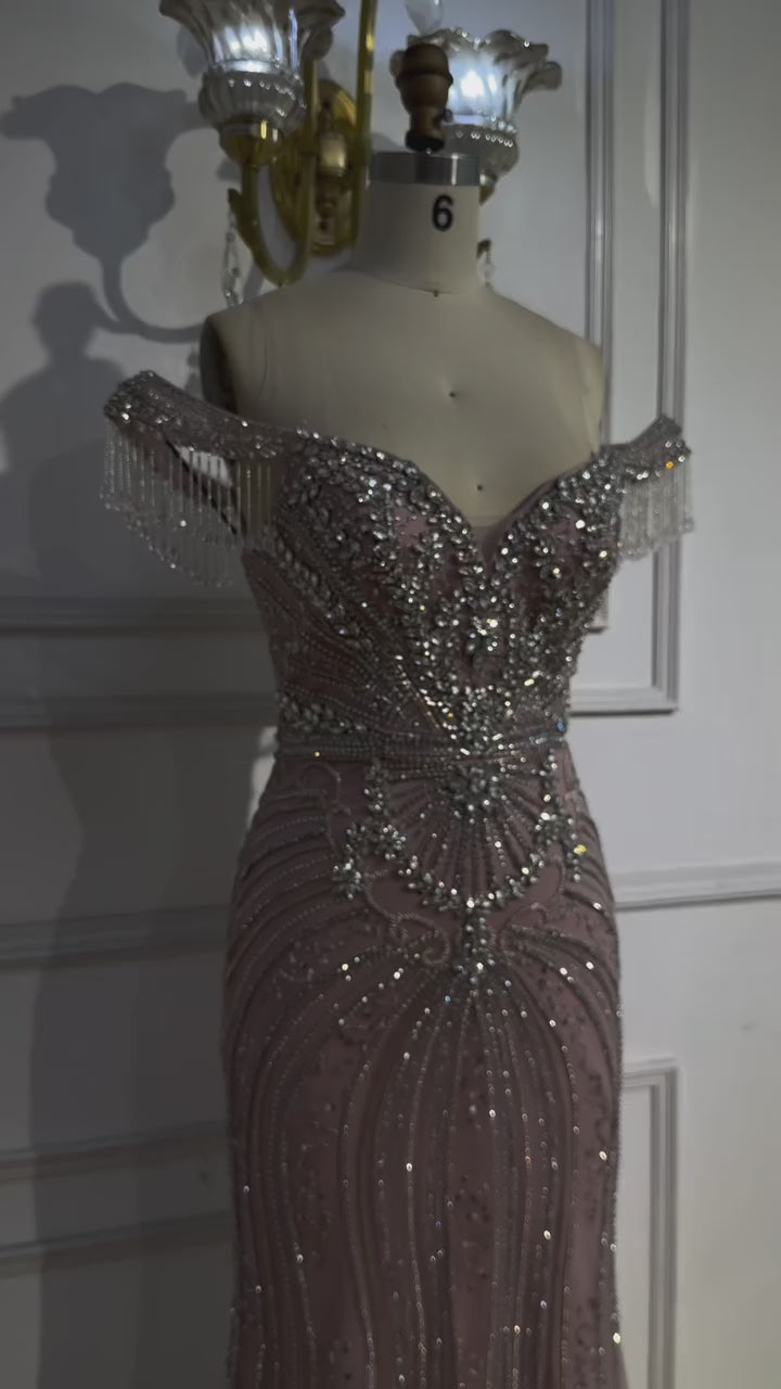 Luxury Pink Crystal Tassel Off Shoulder Evening Dress Dubai LA73204