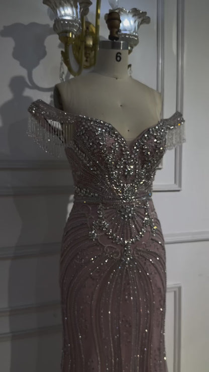 Luxury Pink Crystal Tassel Off Shoulder Evening Dress Dubai LA73204