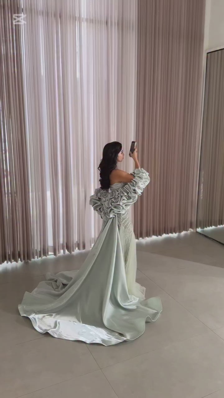 Luxury Sage Green Beaded Mermaid Evening Dress with Balloon Sleeves LA73201