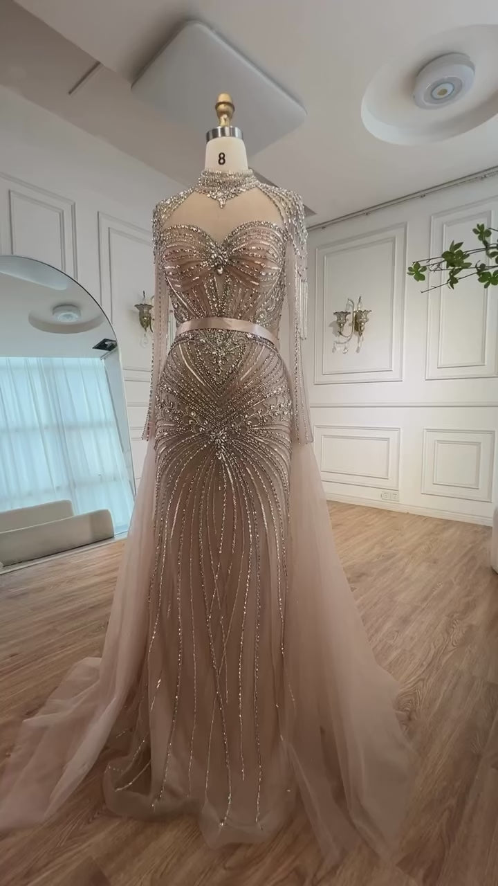 Luxury Nude Modest Beaded Evening Dress Long Sleeves With Overskirt LA72990