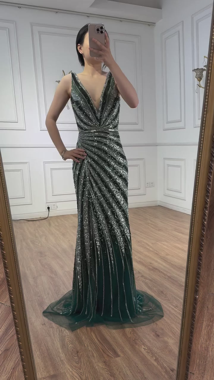 Luxury Green Beaded Mermaid Prom Dress with Split LA72613