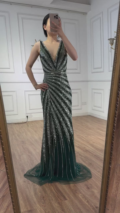 Luxury Green Beaded Mermaid Prom Dress with Split LA72613