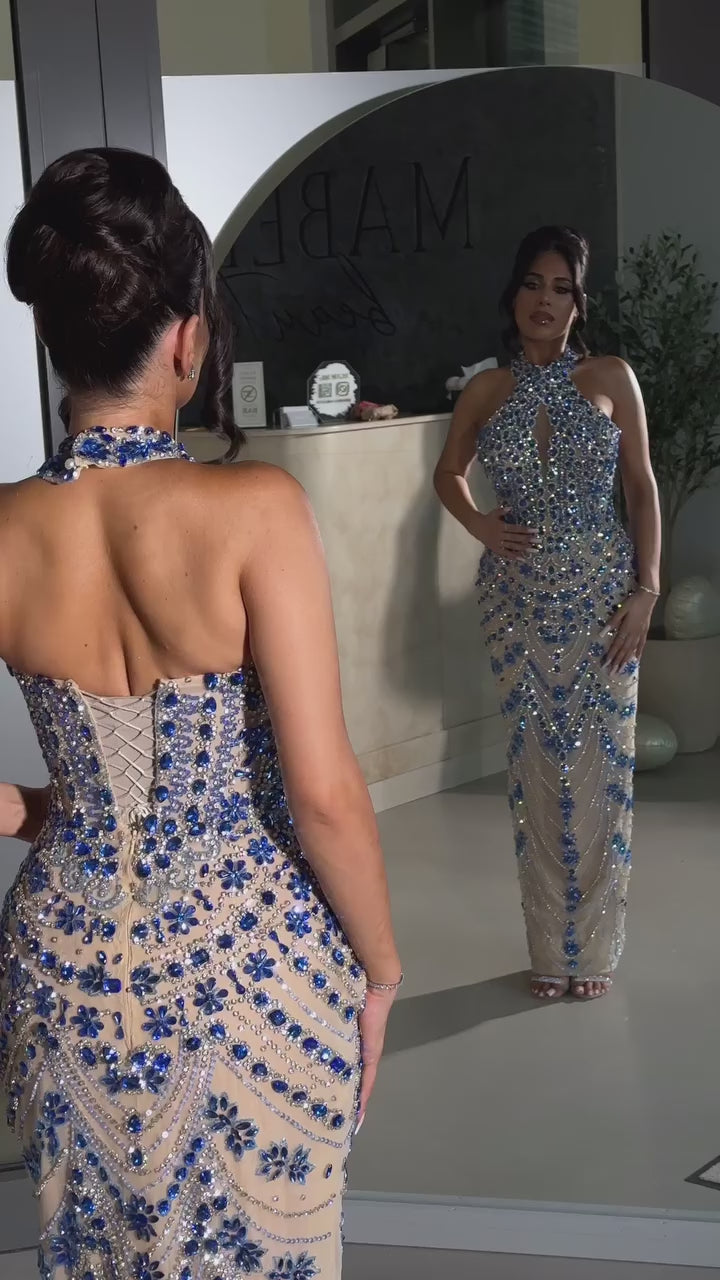 Luxury Blue Halter Crystal Beaded Evening Dress LA72760