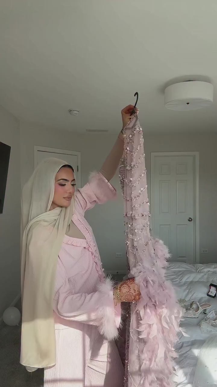 Luxury Modest Pink Feathers Long Cape Sleeves Mermaid Evening Dress LA72708A