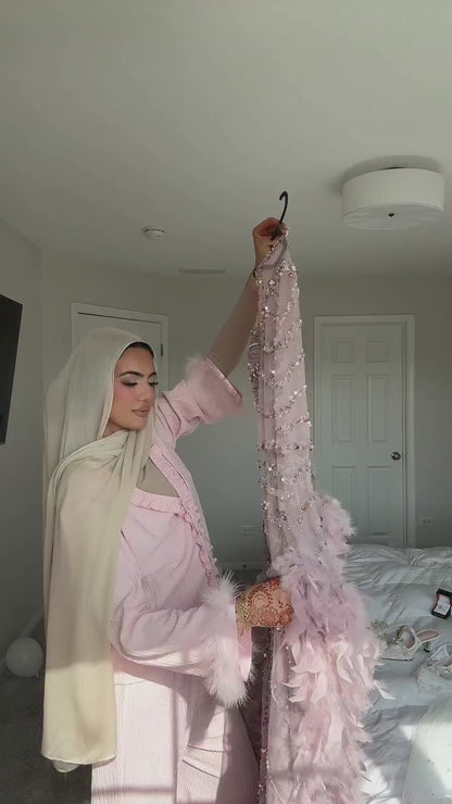 Luxury Modest Pink Feathers Long Cape Sleeves Mermaid Evening Dress LA72708A