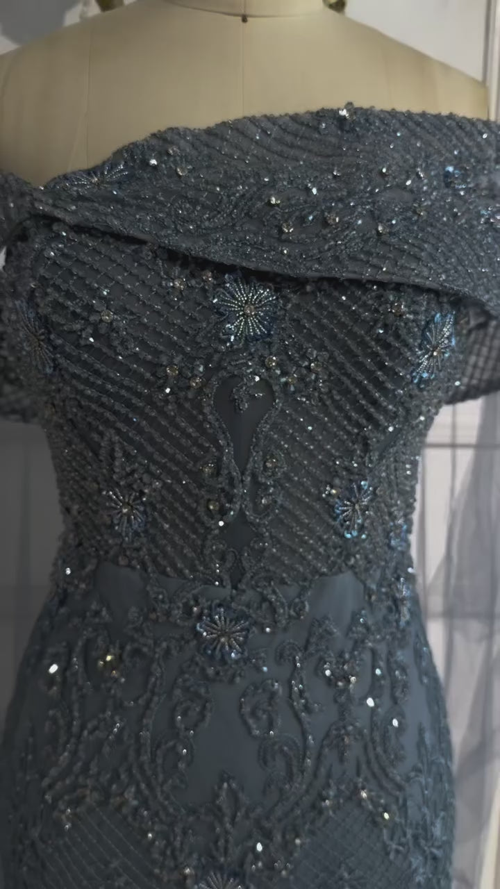 Luxury Blue Lace Off Shoulder Evening Dress for Women LA73125