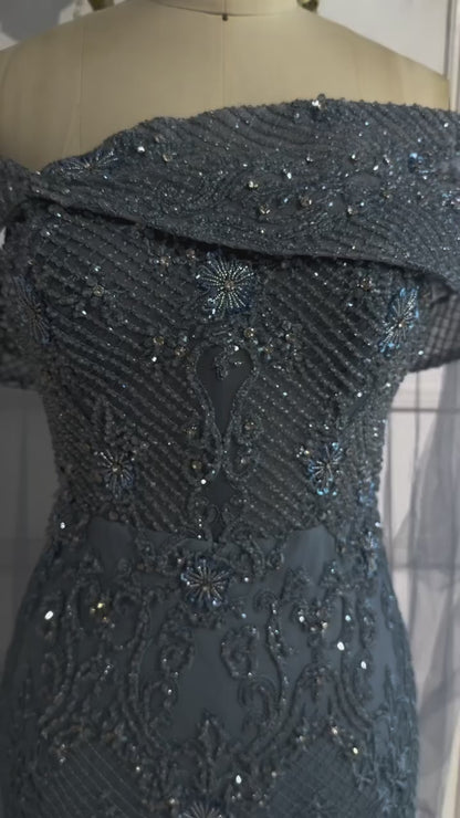 Luxury Blue Lace Off Shoulder Evening Dress for Women LA73125
