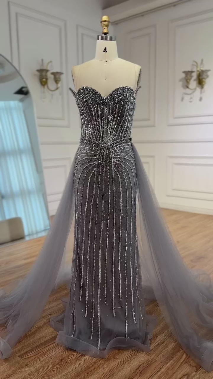 Pink Pearls Beaded Arabic Mermaid Evening Dress with Overskirt LA72811B