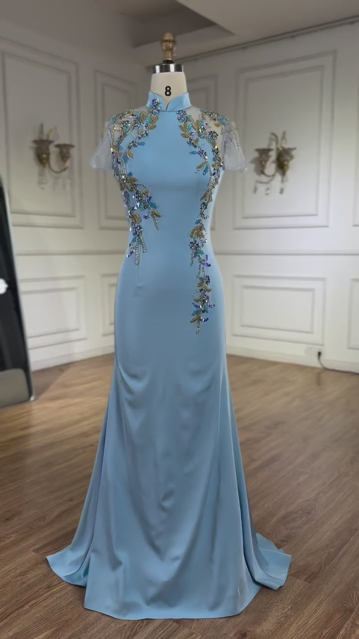 Luxury Mint Beaded Satin Mermaid Evening Dress with   LA72797