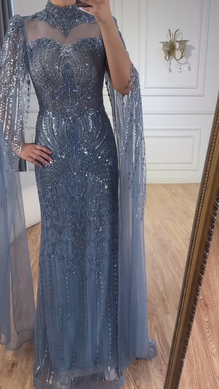 Luxury  Modest Blue Mermaid Evening Dress with Cape LA73006