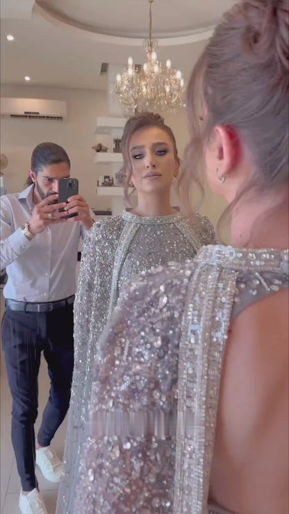 Luxury Gray Arabic Mermaid Evening Dress with Cape LA72180