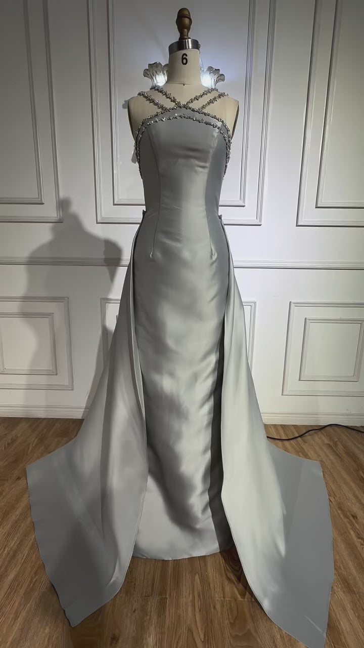 Elegant Light Blue Satin Evening Dress with Overskirt LA72524