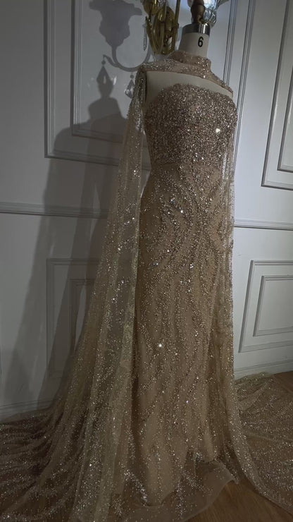 Luxury Nude Beaded Evening Dress with Cape Sleeves LA72824