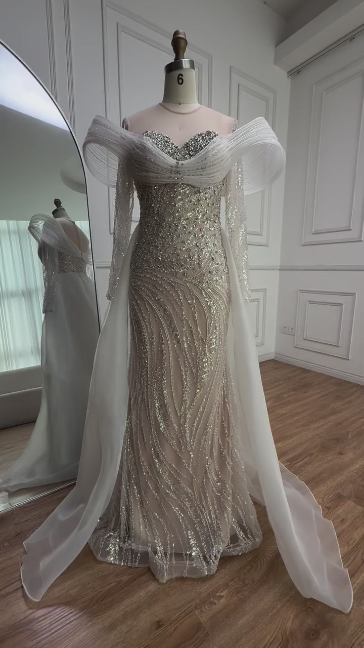 Elegant White Nude Sequin Beaded Mermaid Evening Gown LA72266C