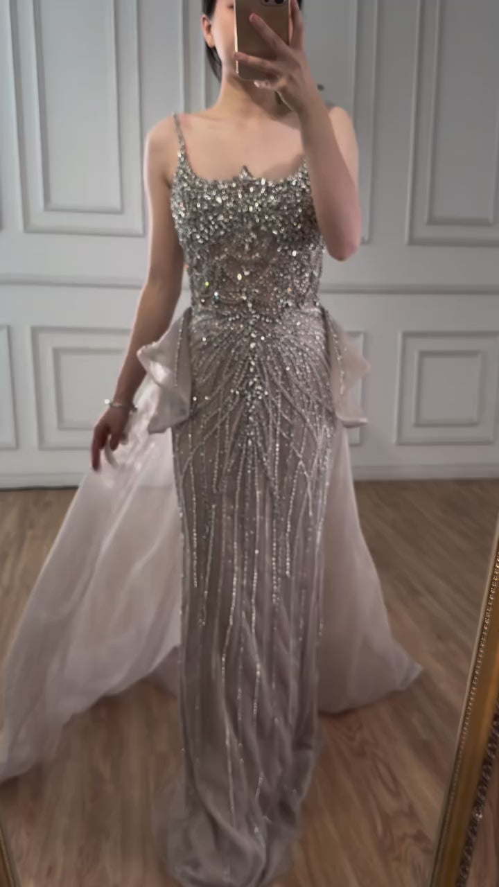 Luxury Caramel Crystal Beaded Spaghetti Strap Mermaid Evening Dress LA72810A