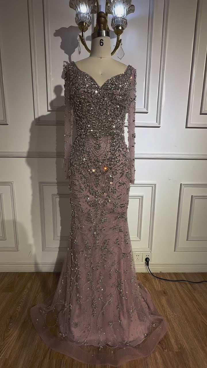 Luxury Nude Beaded Crystal Evening Dress with Long Sleeves LA73042