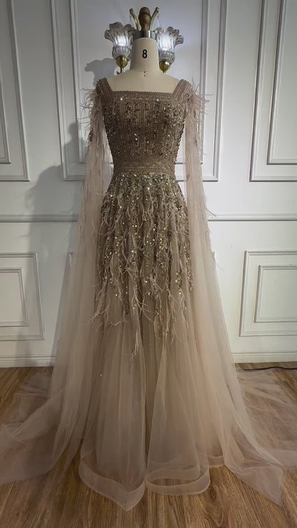 Elegant Blue Beaded Feather A-Line Evening Dress With Cape LA73043