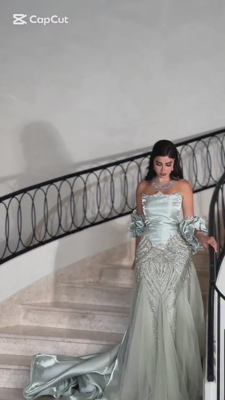 Luxury Sage Green Beaded Mermaid Evening Dress with Balloon Sleeves LA73201
