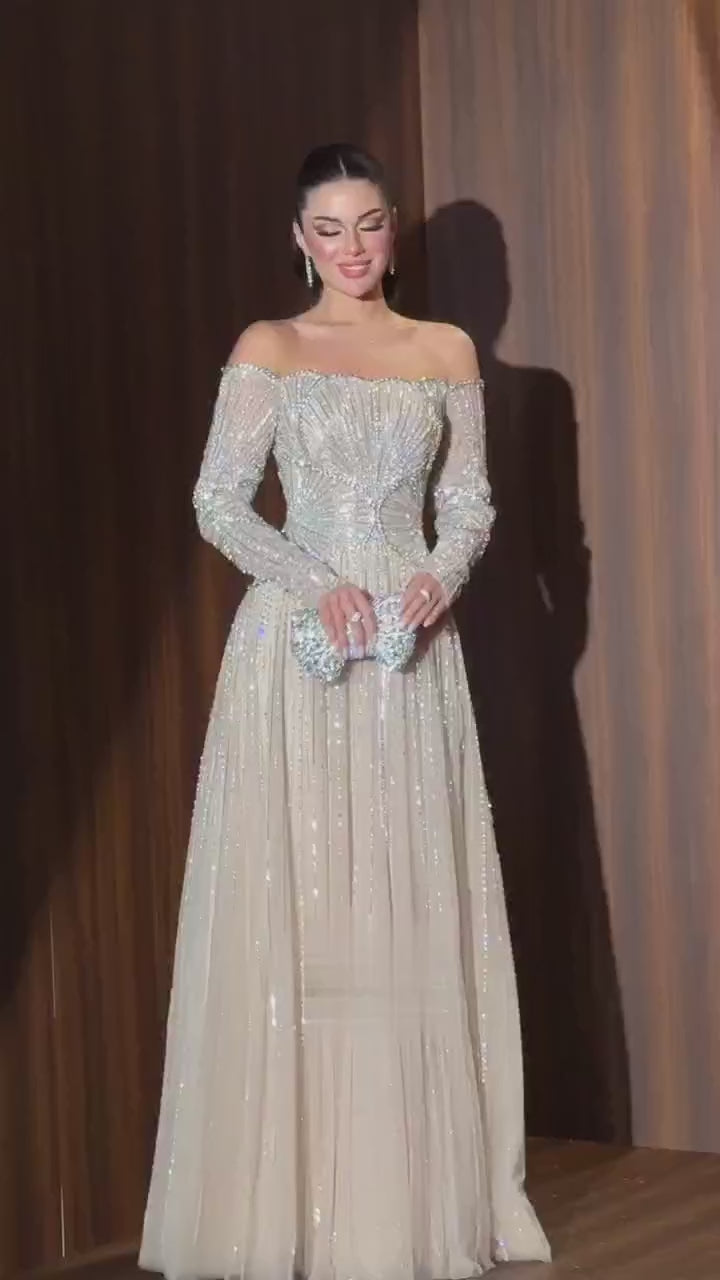 Luxury Beige Arabic A-Line Evening Dress 2026 For Wedding Party LA73333