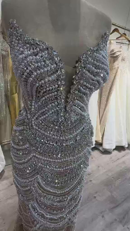 Luxury Nude Silver Beaded Evening Gown with Crystals LA72900