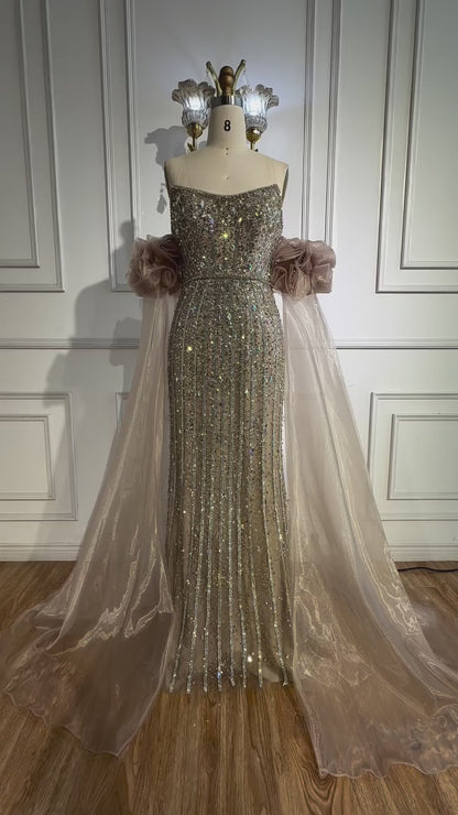 Luxury Pink Beaded Mermaid Evening Dress with Puff Sleeves LA72569