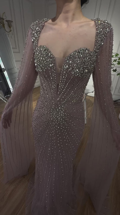 Luxury Caramel Crystal Beaded Mermaid Evening Dress with Cape LA72575D