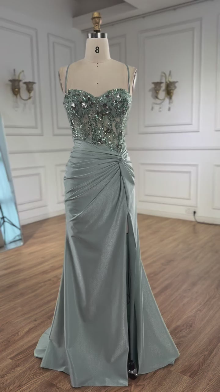 Classy Light Green Satin Prom Dress with Lace and Slit LA73032A – SERENE  HILL