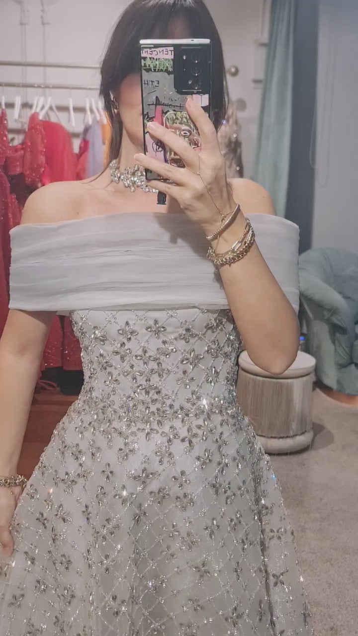 Luxury Silver Gray Turkish Crystal Beaded Evening Dress LA73062A