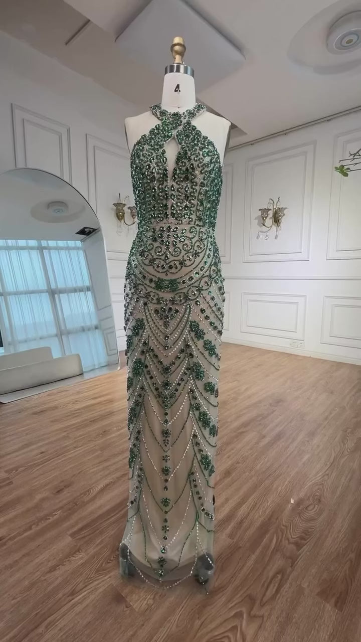 Luxury Blue Halter Crystal Beaded Evening Dress LA72760