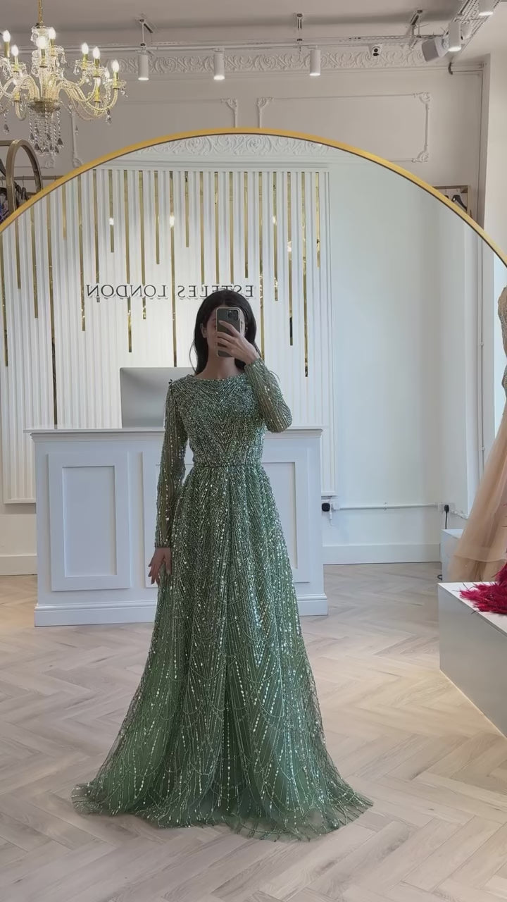 Luxury Olive Green Beaded A-Line Modest Evening Dress Plus Size LA72738B