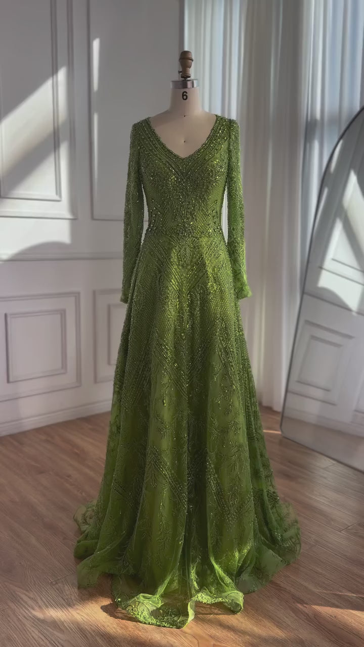 Luxury Lime Green Lace Beaded Long Sleeve Evening Dress LA73324