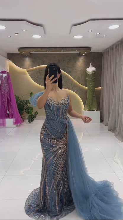 Luxury Blue Crystal Beaded One Shoulder Mermaid Evening Dress LA73425