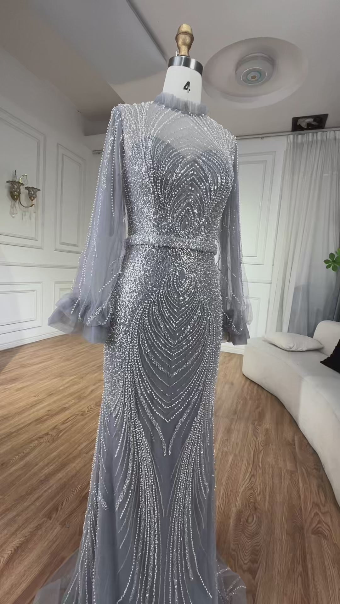 Modest Gray High Neck Mermaid Evening Dress with Long Sleeves LA71690A