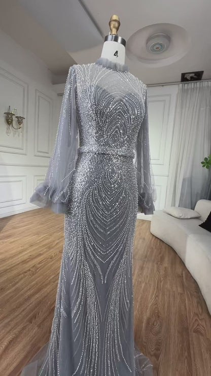 Modest Gray High Neck Mermaid Evening Dress with Long Sleeves LA71690A
