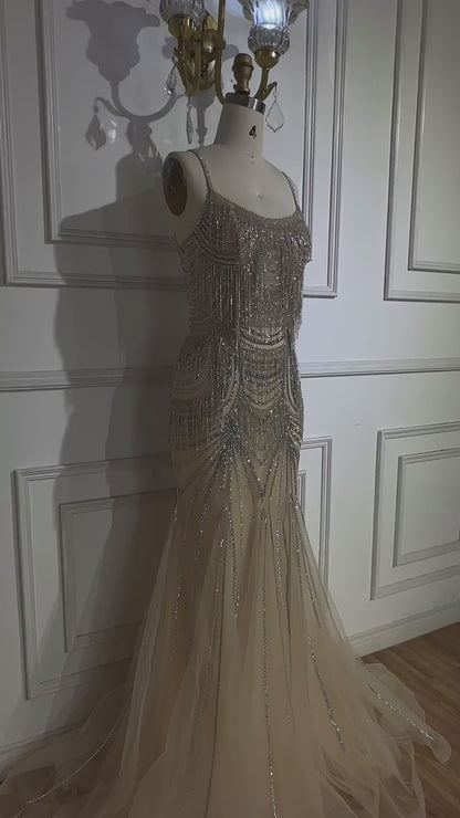 Luxury Nude Pink Crystal Tassel Mermaid Evening Dress LA72772