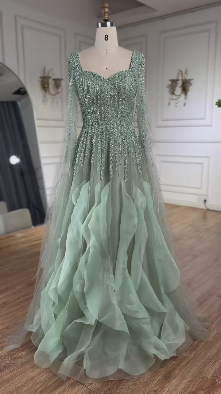 Luxury Sage Green  A lina Evening Dress  With Cape LA72984