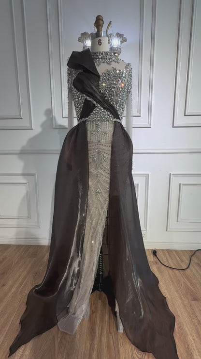 Luxury Nude Beaded Dress with Detachable Sleeves LA73065