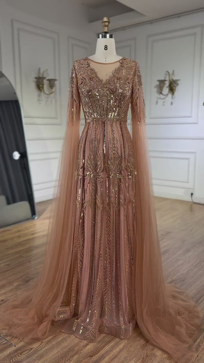 Elegant Beaded A-Line Evening Dress with Cape Sleeves LA73056