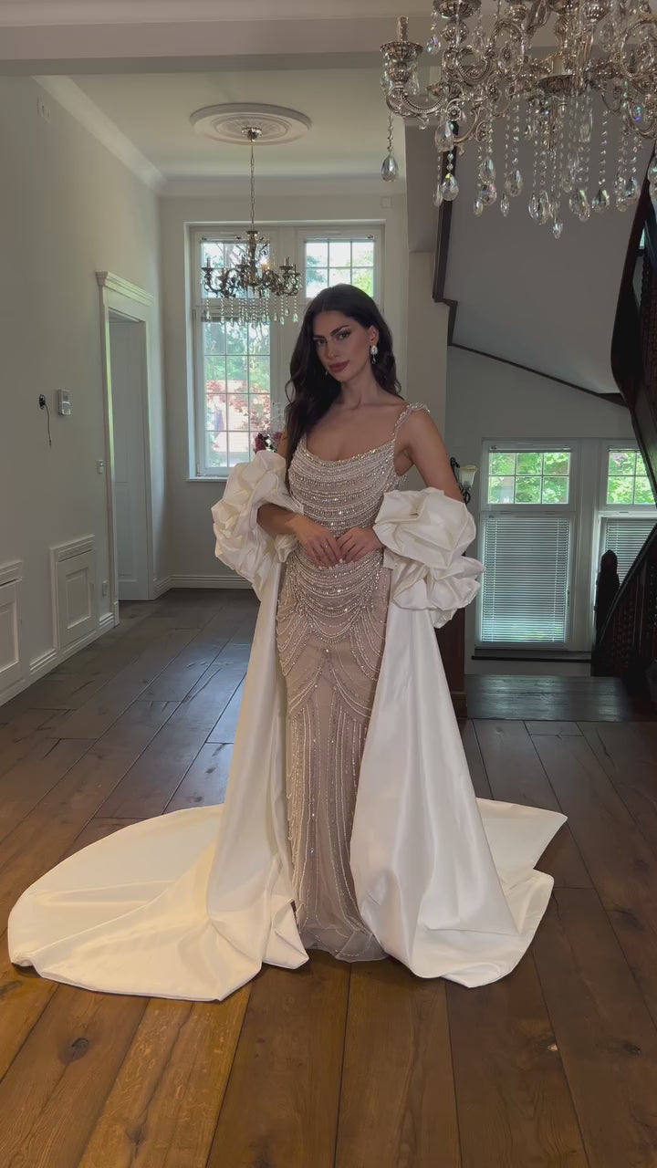 White Nude Beaded Mermaid Evening Dress with Satin Cape LA72253B