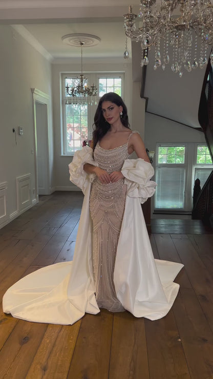 White Nude Beaded Mermaid Evening Dress with Satin Cape LA72253B