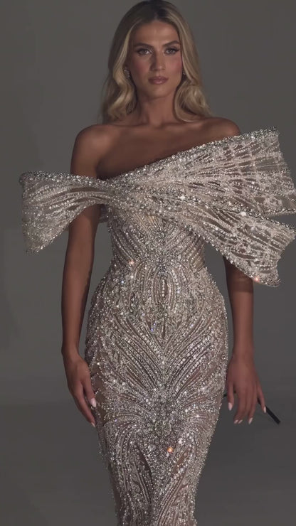 Luxury Silver Nude Off Shoulder Mermaid Evening Dress LA72878