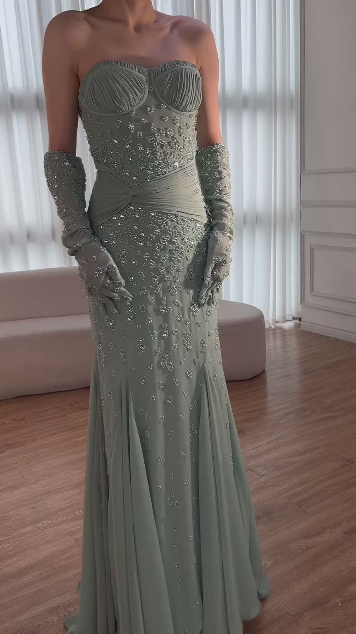 Luxury Turquoise   Beaded Evening Dress with Gloves LA72933