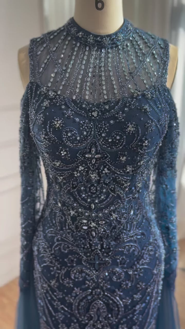 Luxury Dubai Navy Blue Beaded Lace Evening Dress with Cape Sleeves LA73323