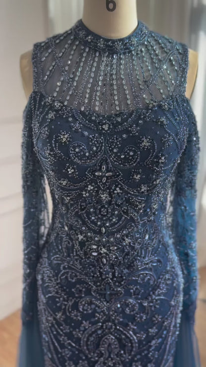 Luxury Dubai Navy Blue Beaded Lace Evening Dress with Cape Sleeves LA73323