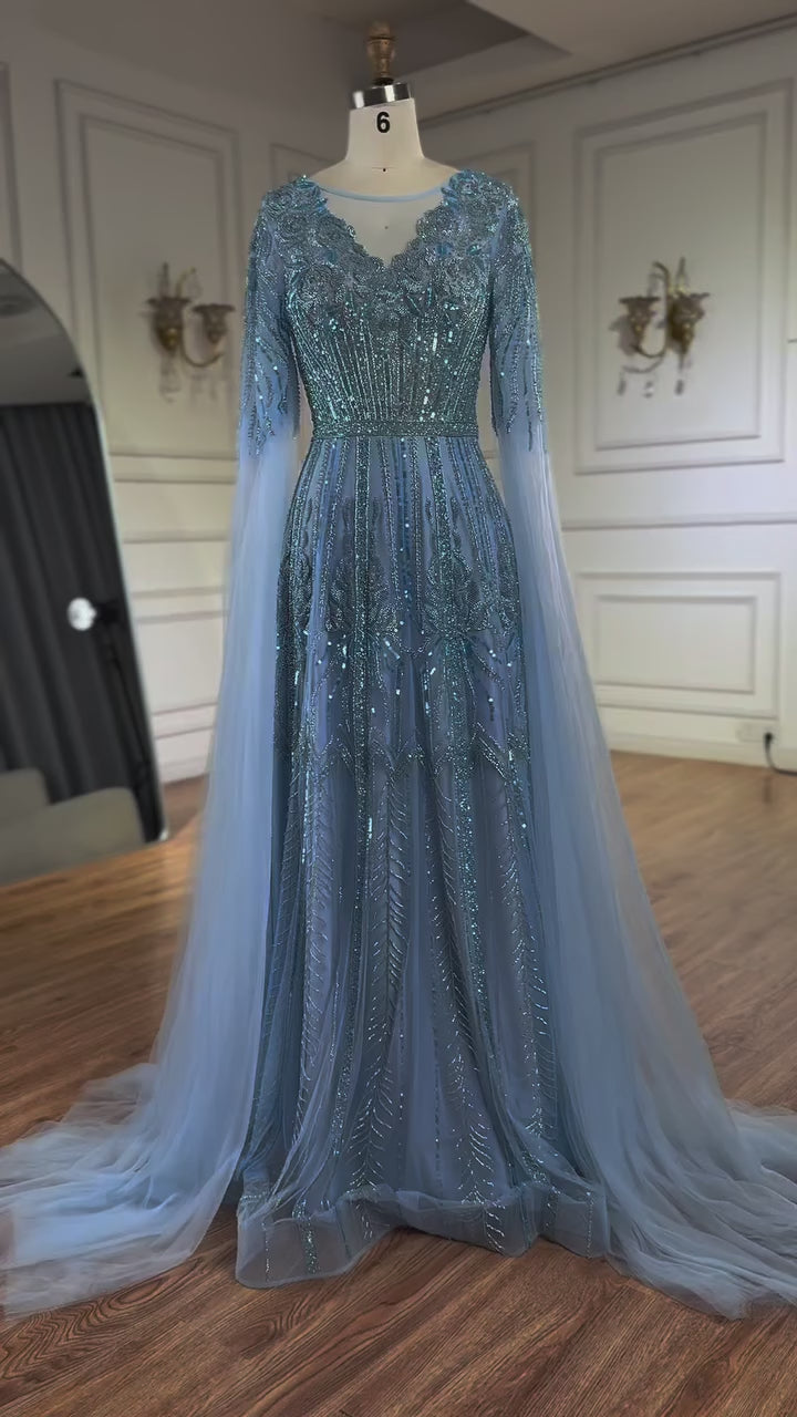 Elegant Beaded A-Line Evening Dress with Cape Sleeves LA73056 – SERENE HILL