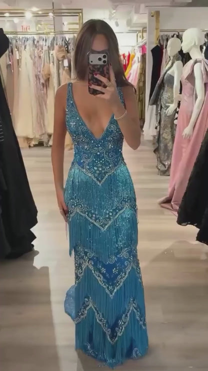 Luxury Blue Deep V Neck Beaded Tassel Mermaid Evening Dress LA73902